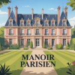 manoir parisien illustration stylisée avec jardin luxuriant