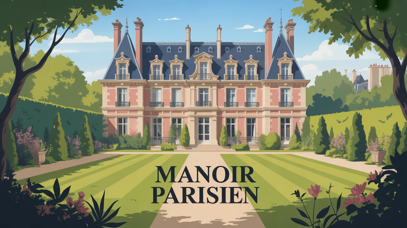 manoir parisien illustration stylisée avec jardin luxuriant