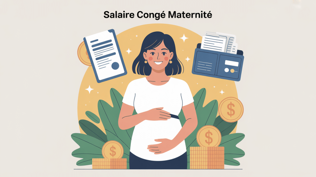 Femme enceinte et symboles financiers, sujet salaire congé maternité