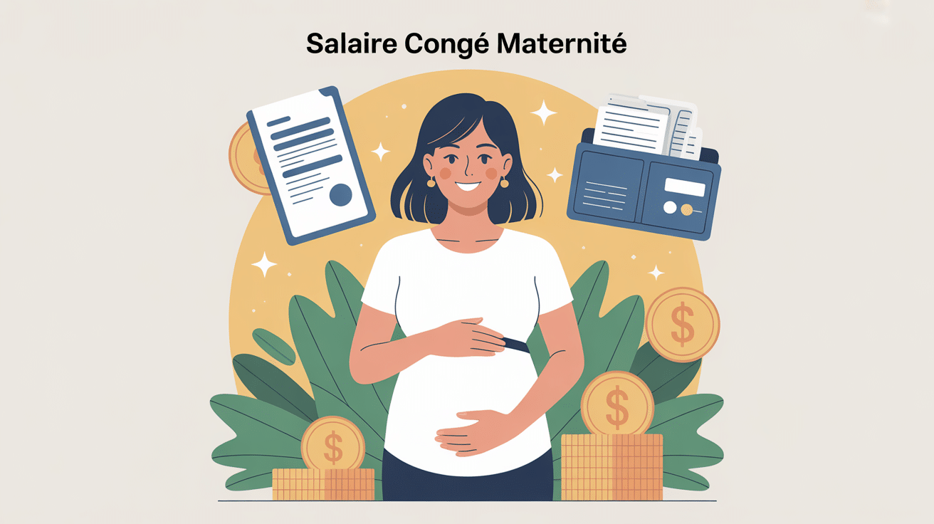 Femme enceinte et symboles financiers, sujet salaire congé maternité