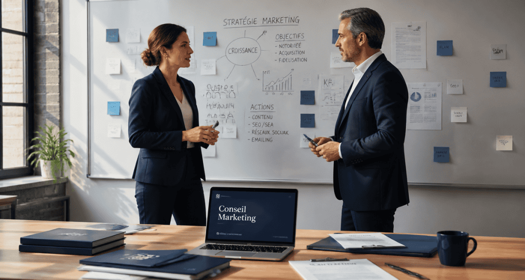 Consultante en conseil marketing discutant stratégie avec un dirigeant