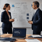 Consultante en conseil marketing discutant stratégie avec un dirigeant