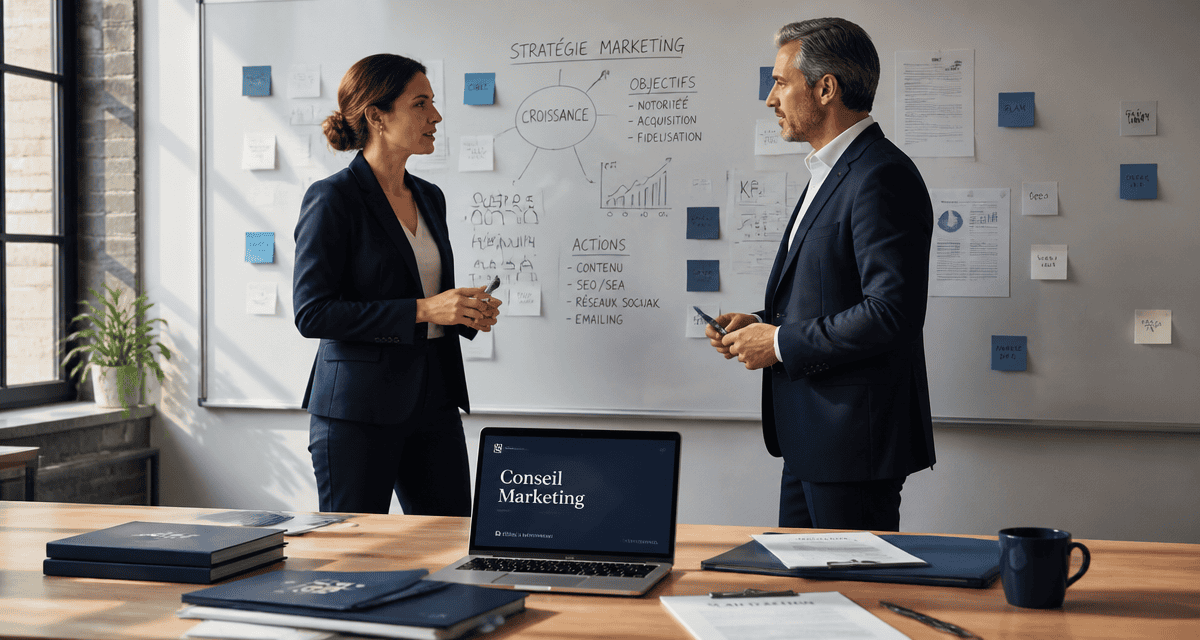 Consultante en conseil marketing discutant stratégie avec un dirigeant