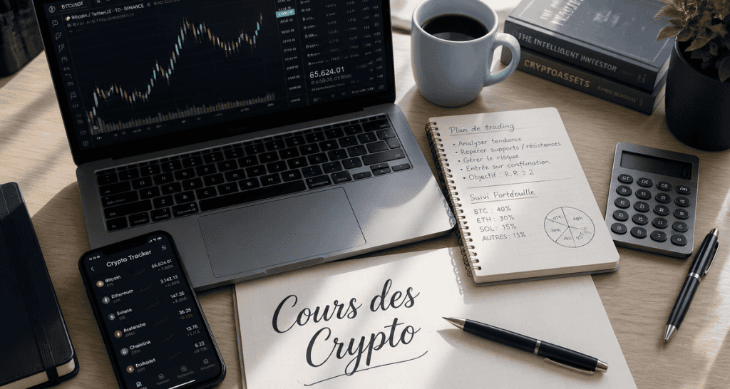 Cours des crypto sur écran avec graphique et outils