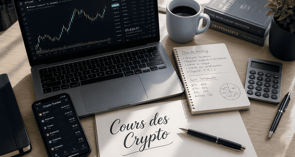 Cours des crypto sur écran avec graphique et outils