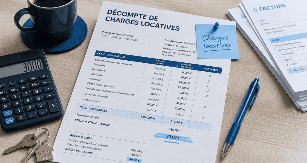 Décomptes de charges locatives sur bureau avec calculatrice et clés