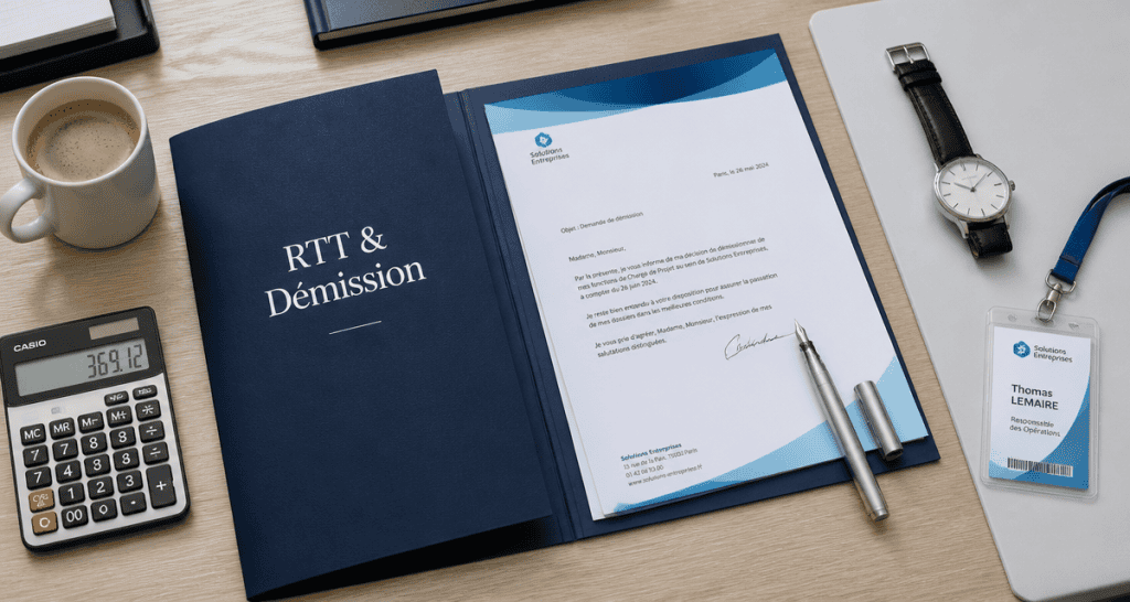 dossier démission et rtt sur bureau professionnel