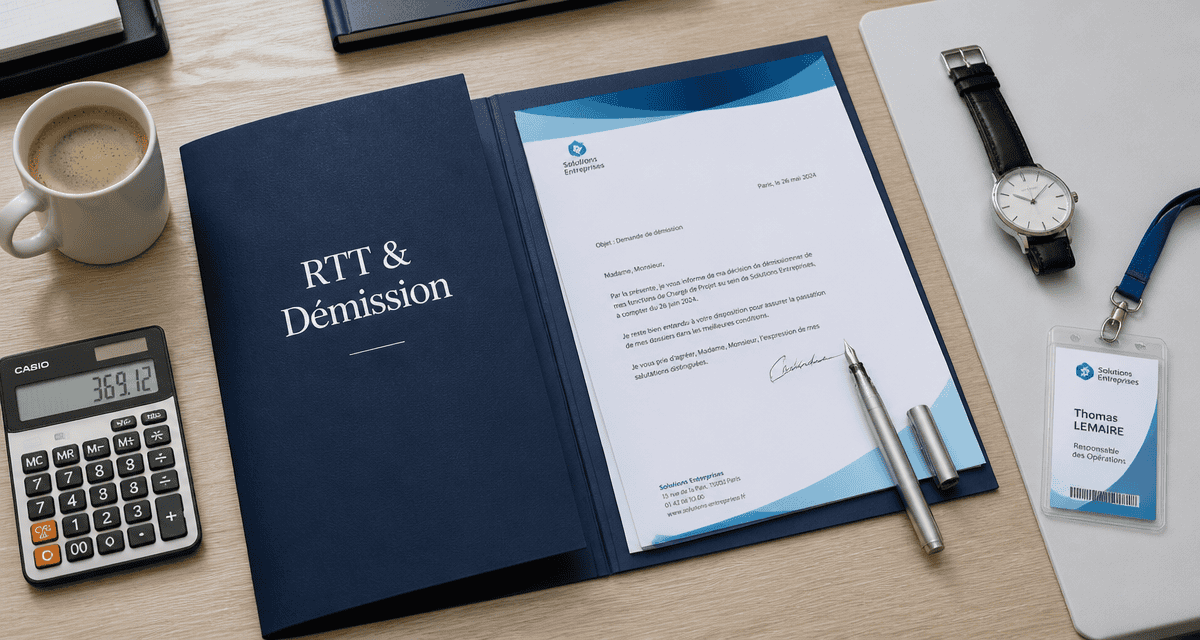 dossier démission et rtt sur bureau professionnel
