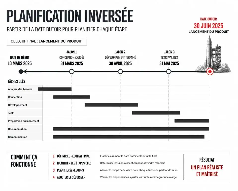 Infographie illustrant le fonctionnement d'un modèle rétroplanning Excel pour la gestion de projet