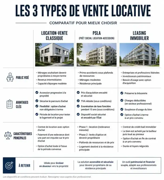 Comparatif des dispositifs de vente locative : location-vente classique, PSLA et leasing immobilier