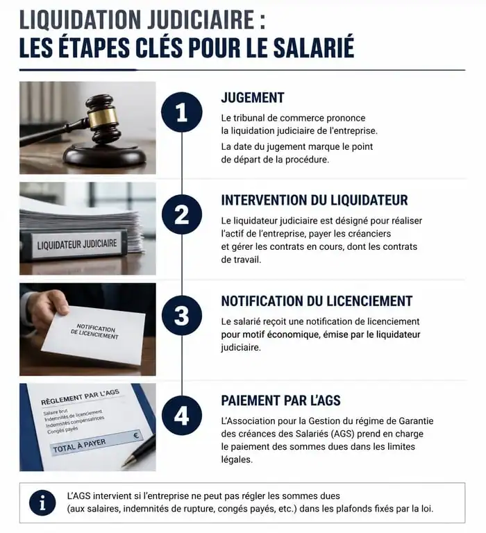 Schéma des étapes de la procédure de licenciement en cas de liquidation judiciaire et rôle de l'AGS