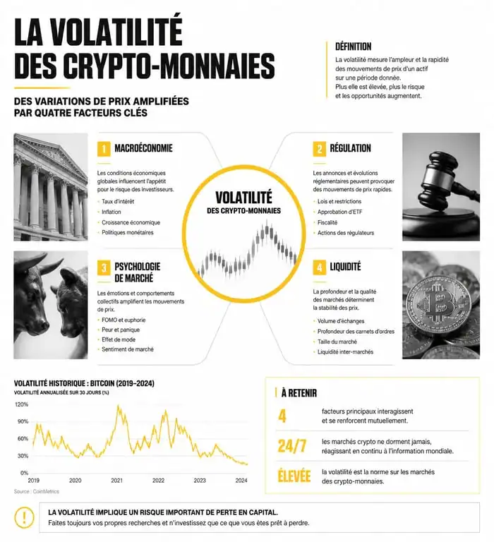 Infographie des facteurs influençant le cours des crypto-monnaies et la volatilité du marché