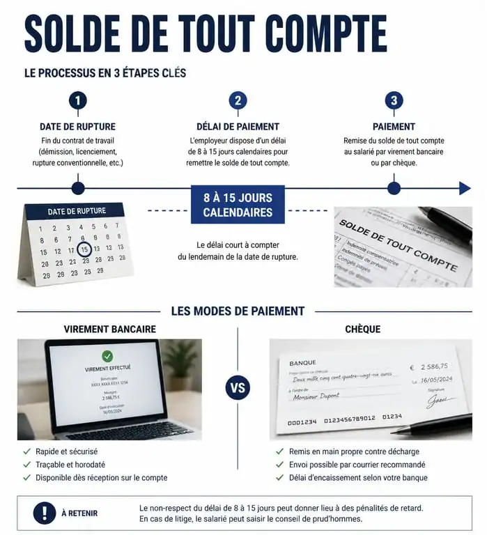 Infographie sur le délai de paiement et les modalités du solde de tout compte