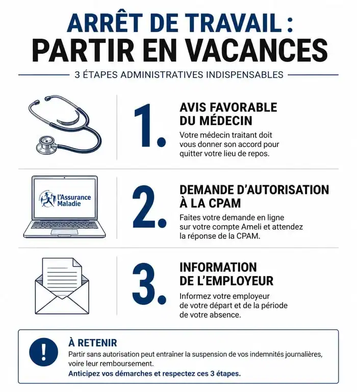 Infographie des étapes pour partir en vacances pendant un accident de travail
