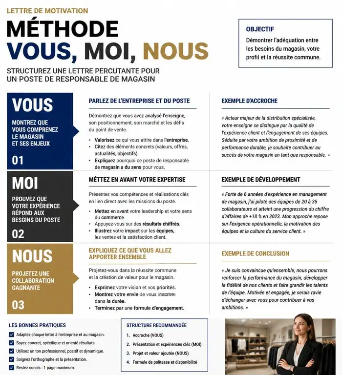 Infographie de la méthode Vous Moi Nous pour une lettre de motivation responsable magasin