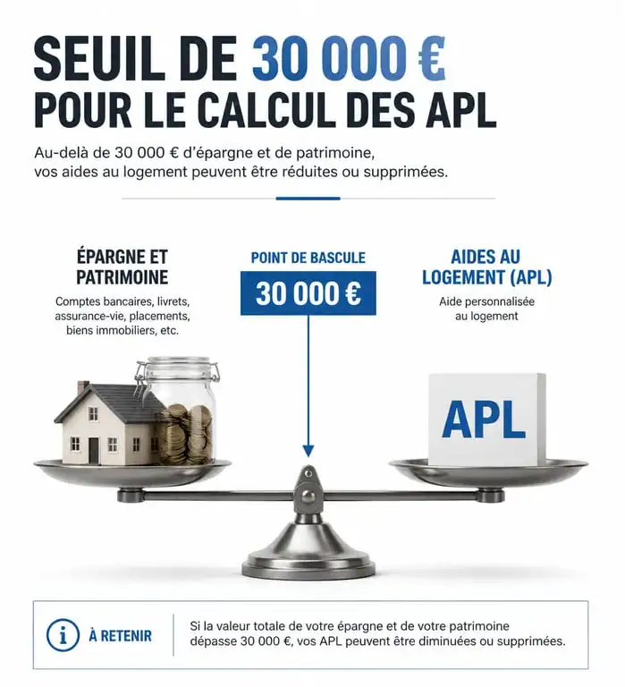 Infographie explicative du seuil de 30 000 euros pour le calcul des APL et l'impact sur le patrimoine