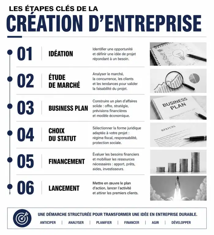 Infographie des étapes pour agir et entreprendre : de l'idée au lancement de projet