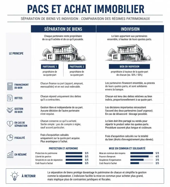 Comparatif des régimes patrimoniaux PACS et achat immobilier