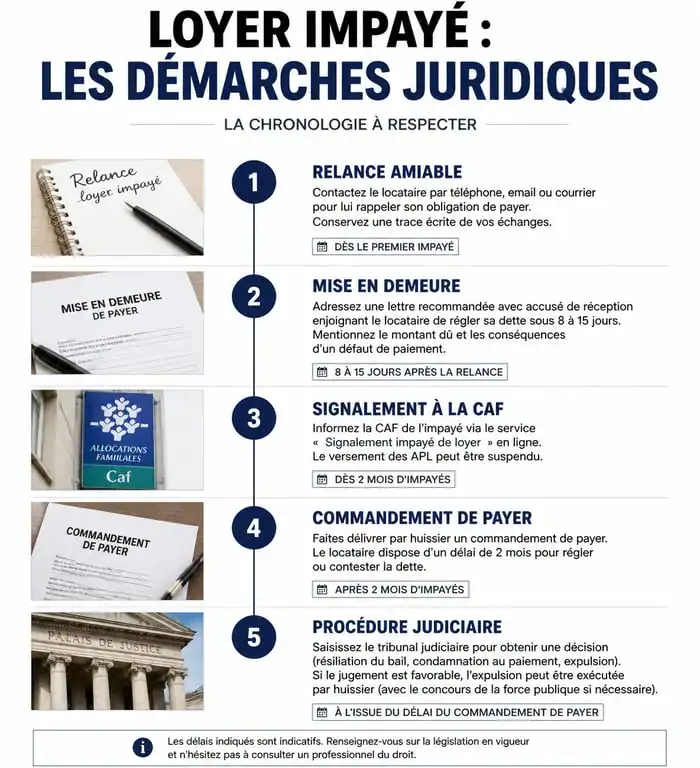 Infographie des étapes juridiques en cas de non paiement des loyers
