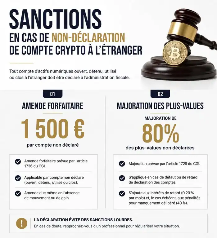 Infographie des sanctions fiscales pour non-déclaration de compte Binance et actifs numériques