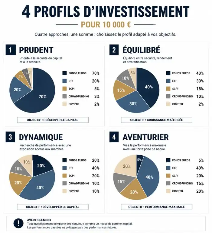 Répartition de 10 000 euros selon les profils d'investissement : Prudent, Équilibré, Dynamique et Aventurier