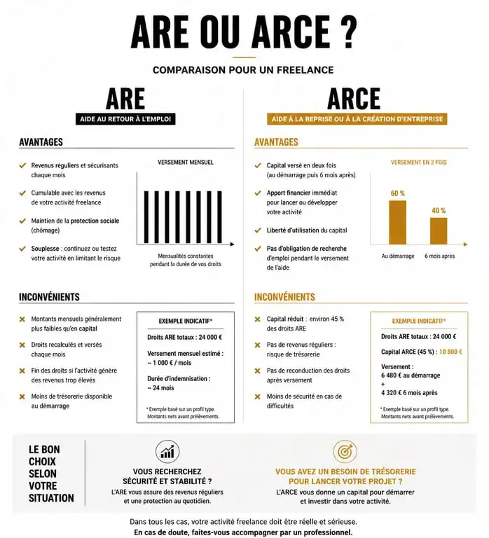 Infographie comparative ARE et ARCE pour freelance et chômage