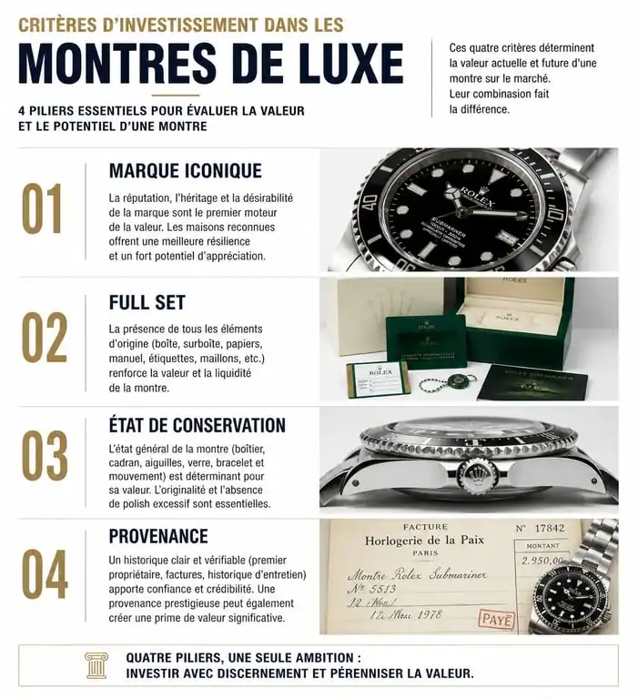Infographie des critères clés pour investir dans une montre de luxe