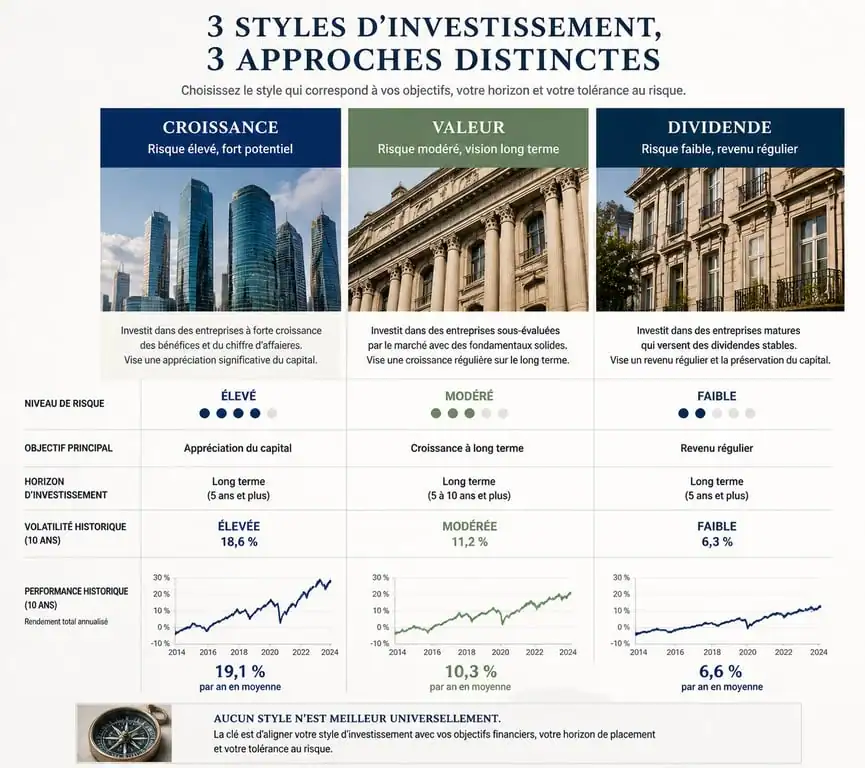 Infographie comparative des styles d'investissement en bourse : Croissance, Value et Rendement pour choisir la meilleure action