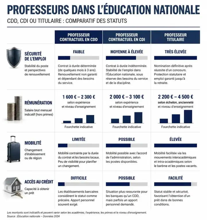 Tableau comparatif des statuts de professeur : CDD, CDI et Titulaire dans l'Éducation nationale