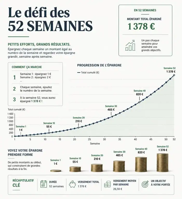 Infographie de la progression du défi économie des 52 semaines