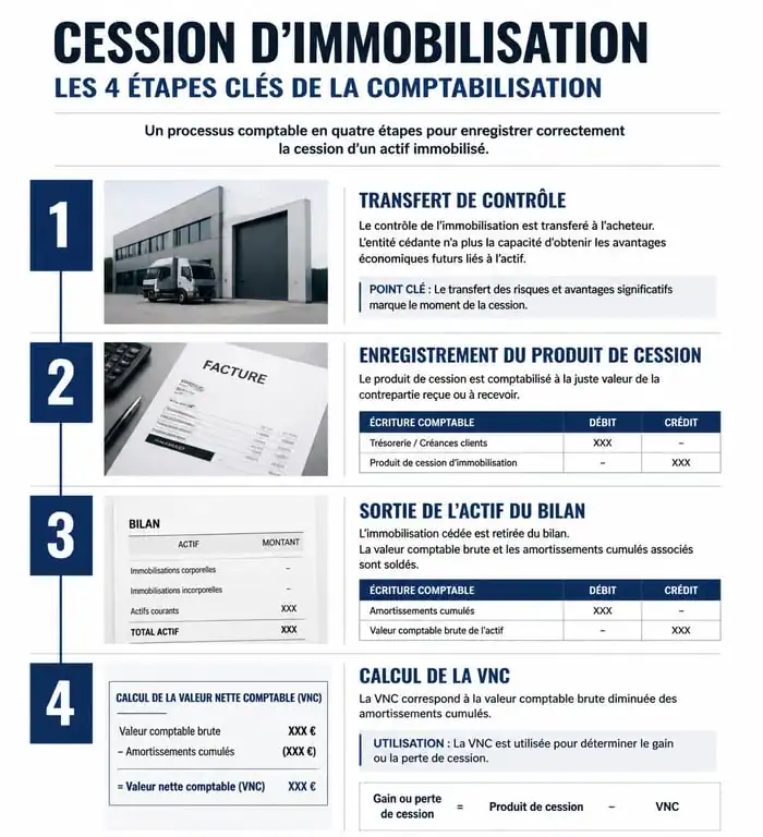 Schéma comptable des étapes de comptabilisation cession immo