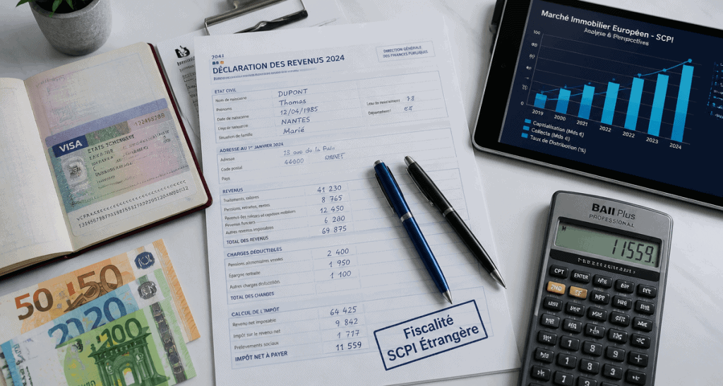Fiscalité SCPI étrangère sur bureau avec formulaire et passeport
