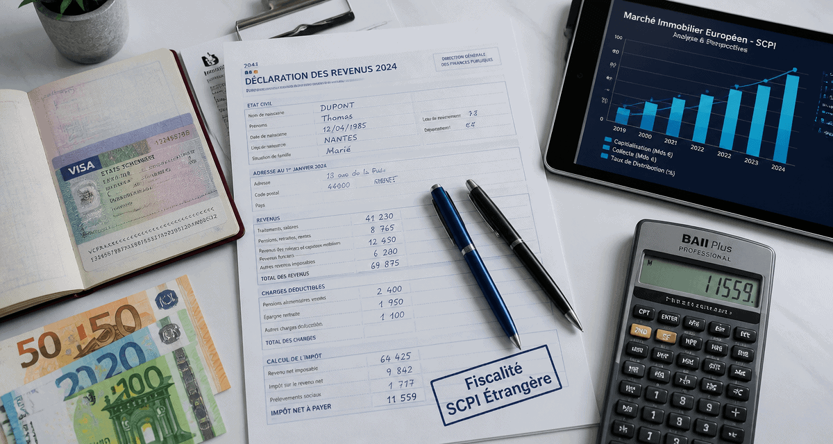 Fiscalité SCPI étrangère sur bureau avec formulaire et passeport