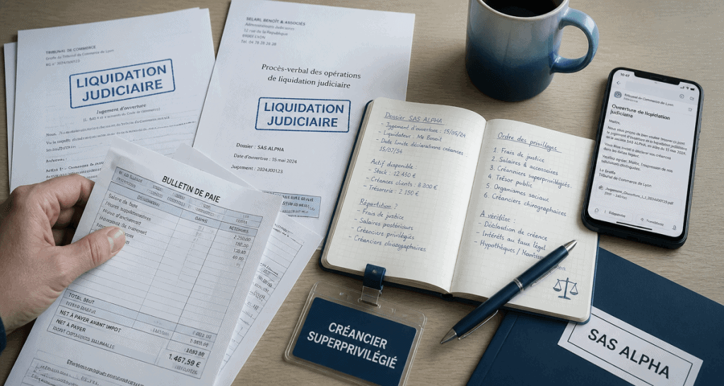 liquidation judiciaire et licenciement, documents sur bureau