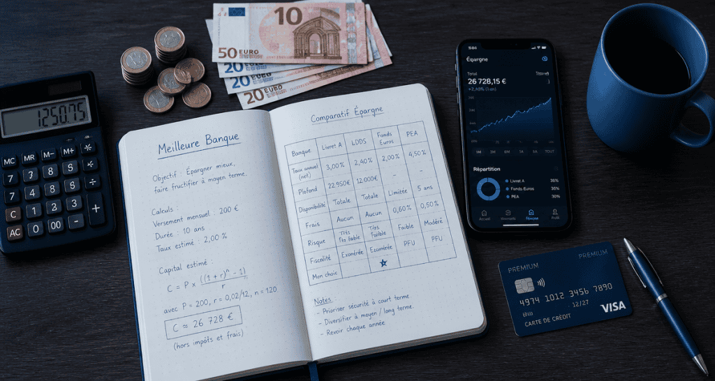 meilleur banque pour placer son argent, bureau avec calculs et comparatif