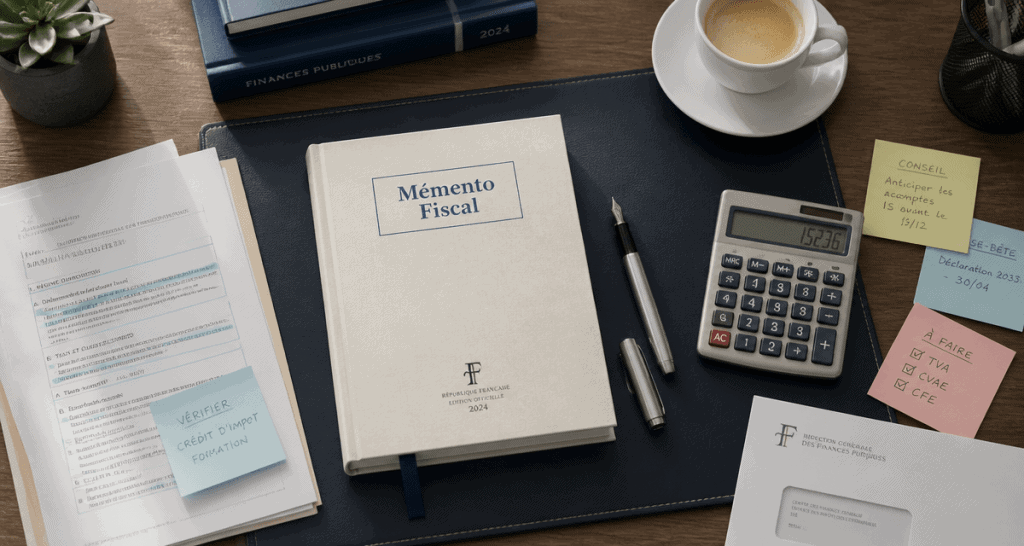 memento fiscale sur bureau avec stylo et calculatrice