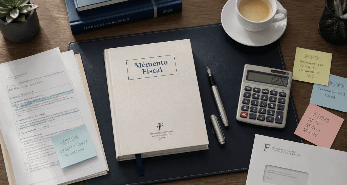 memento fiscale sur bureau avec stylo et calculatrice