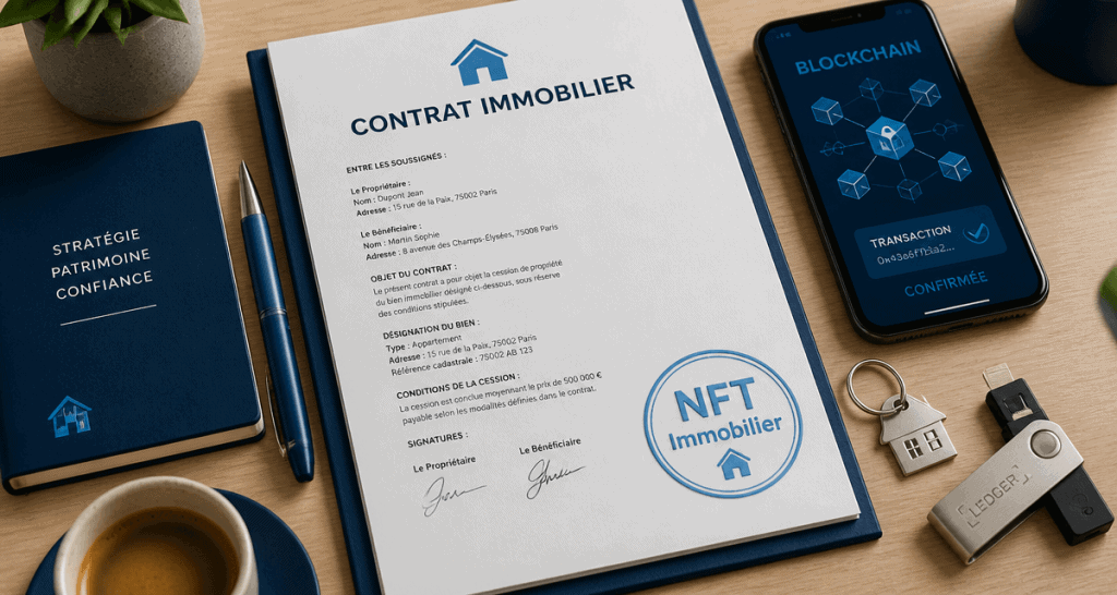 NFT immobilier contrat et clé usb ledger sur bureau