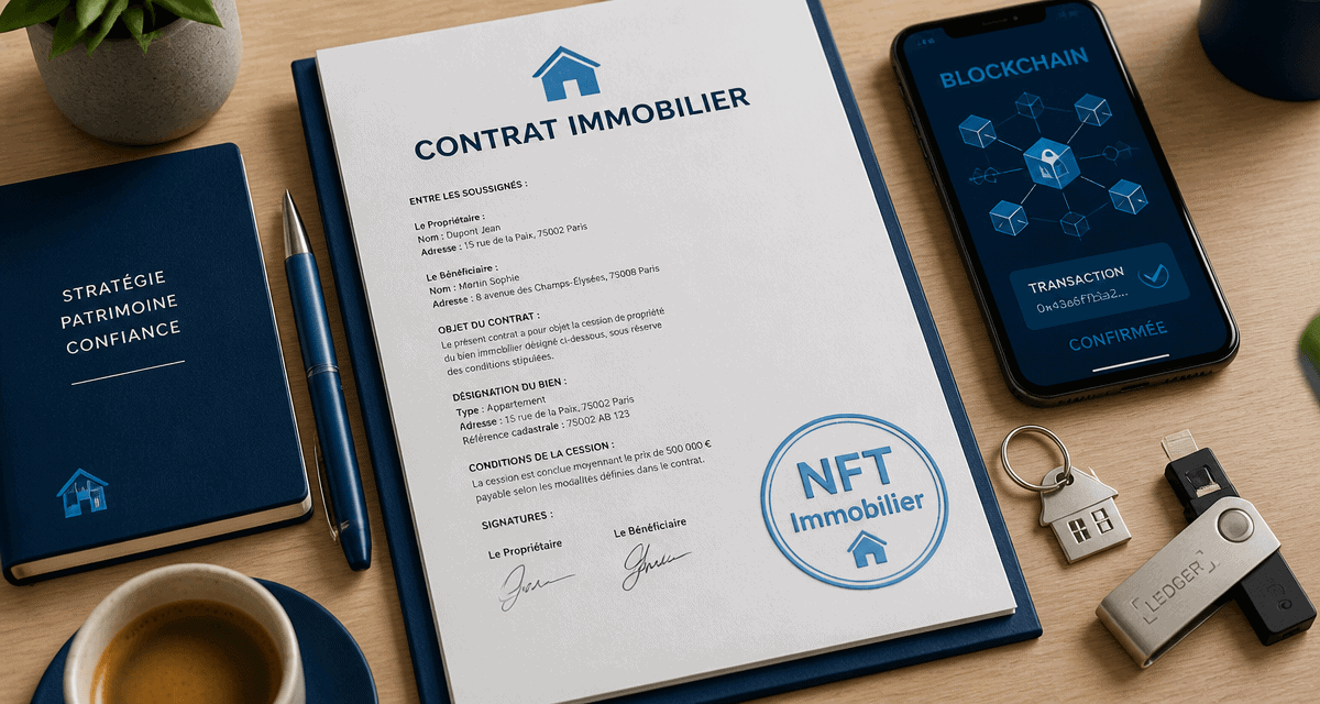 NFT immobilier contrat et clé usb ledger sur bureau