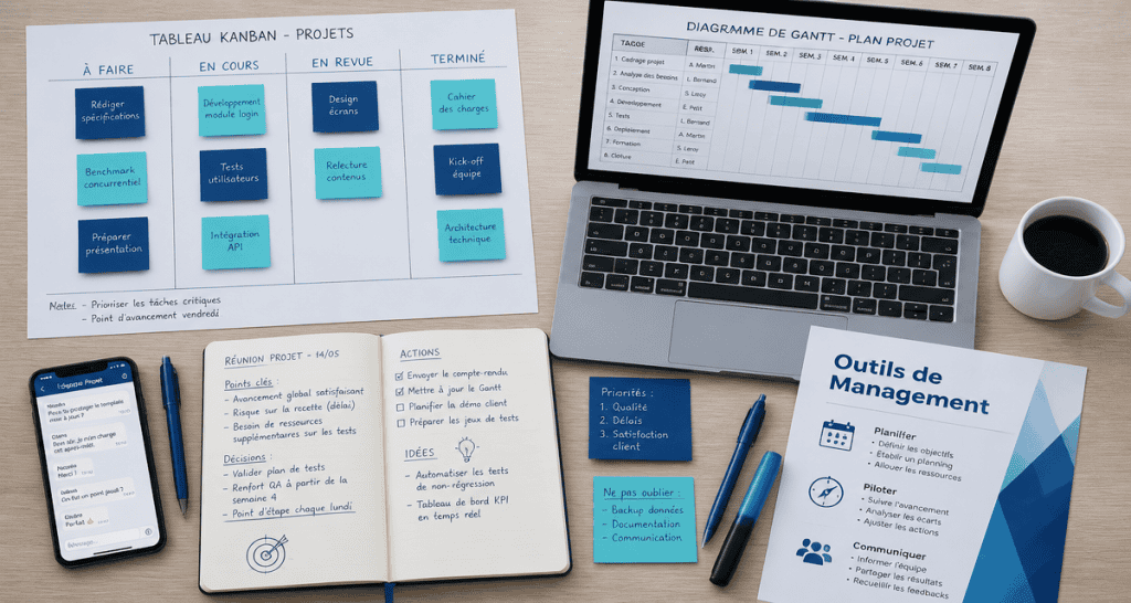outils de management sur table de travail moderne