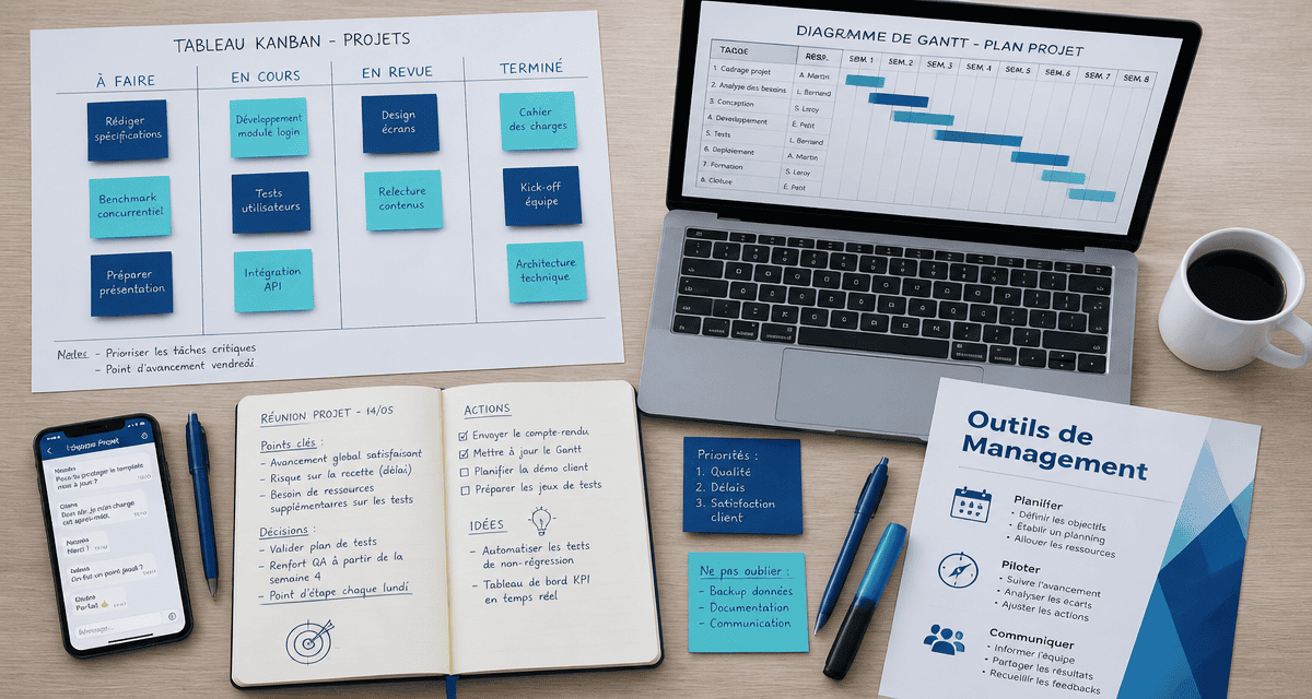 outils de management sur table de travail moderne