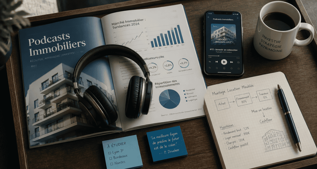 Vue flat-lay d’un bureau avec casque audio et magazine podcast immobilier