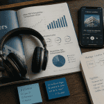 Vue flat-lay d’un bureau avec casque audio et magazine podcast immobilier