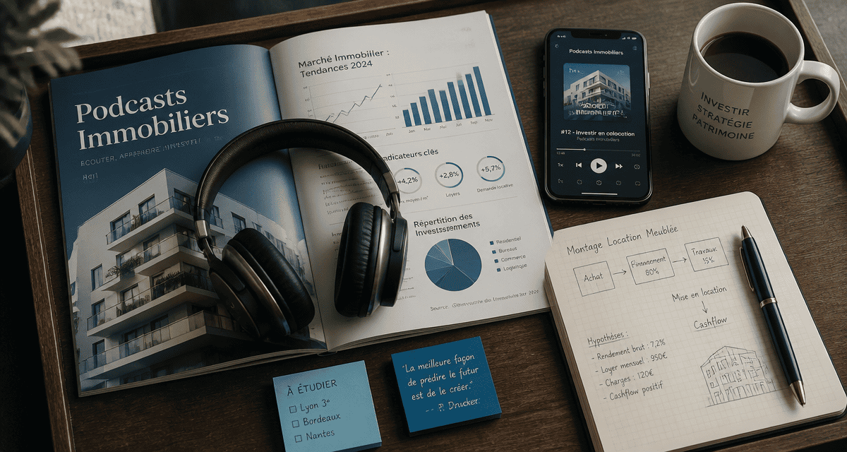 Vue flat-lay d’un bureau avec casque audio et magazine podcast immobilier
