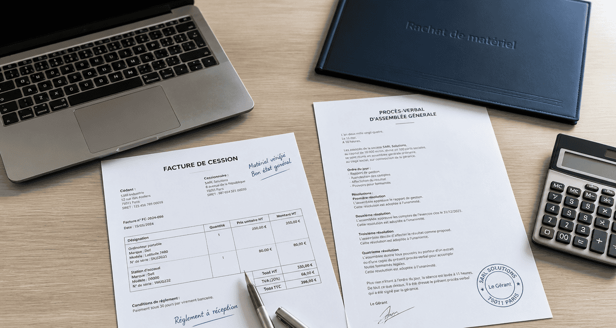 Racheter le matériel de son entreprise : bureau avec ordinateur et documents