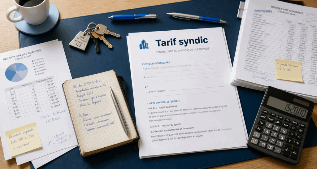 tarif syndic petite copropriété sur table avec documents et calculatrice