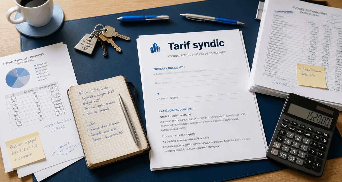 tarif syndic petite copropriété sur table avec documents et calculatrice
