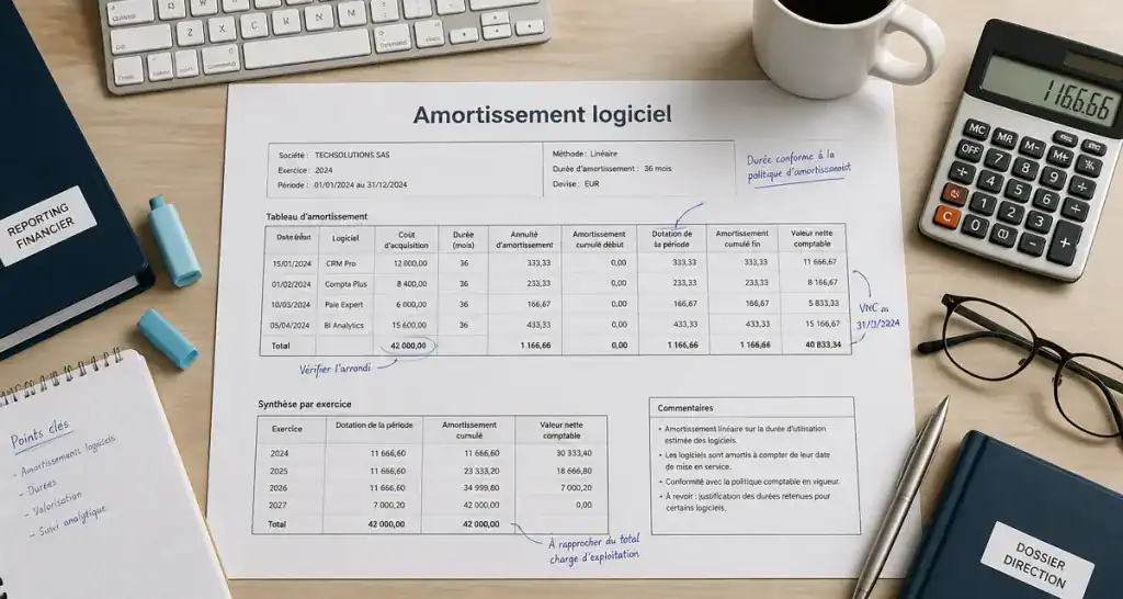 amortissement logiciel sur bureau avec bilan et calculatrice