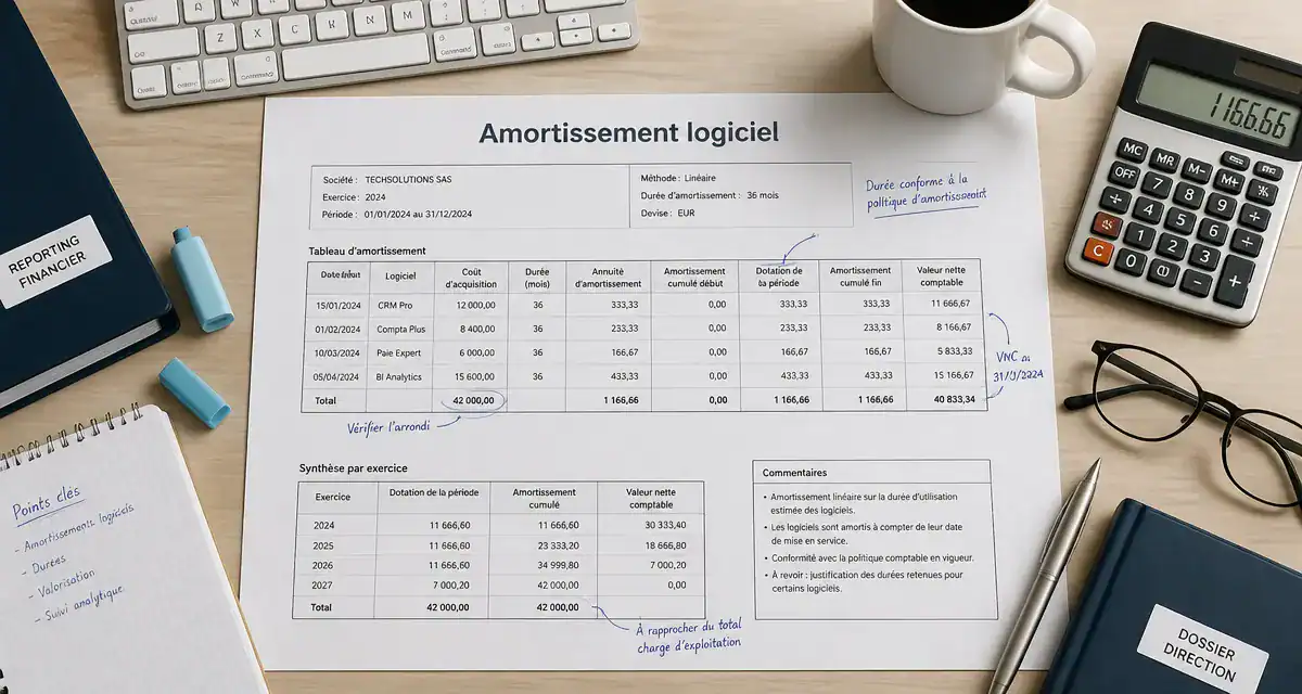 amortissement logiciel sur bureau avec bilan et calculatrice