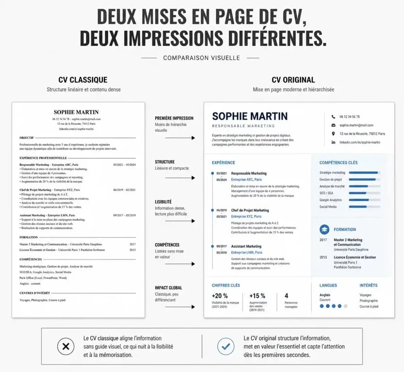 Exemple de mise en page pour un cv original comparé à un format classique